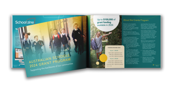 A Schoolzine brochure with school children featuring the Australian Grants Program